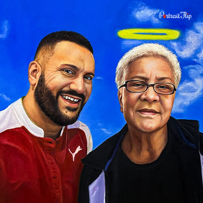 Memorial oil painting of woman with angel halo and man